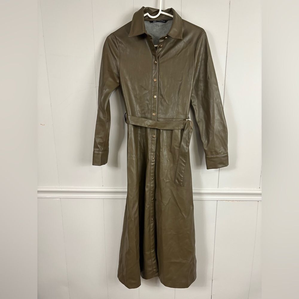 Zara Belted Faux Leather Midi Olive Green Trench Shirt Dress Size XS Utility
